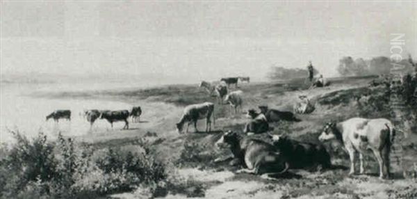 Herds With Cattle In An Extensive Landscape Oil Painting by Pieter Stortenbeker