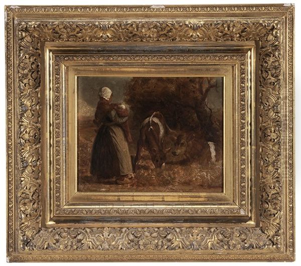 Dutch Woman With Baby And Two Cows Oil Painting by George Henry Story