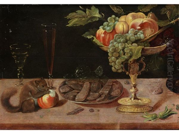 Stillleben Mit Fruchtschale, Zuckergeback, Glasern Und Einem Eichhornchen Oil Painting by Sebastian Stosskopf