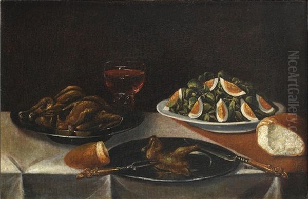 A Bowl Of Spinach And Eggs With A Pewter Dish Of Roasted Quails On A Draped Table Oil Painting by Sebastian Stosskopf