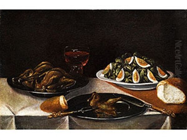 Stilleben Mit Gebratenem Geflugel, Weinglas, Salat Und Brot Oil Painting by Sebastian Stosskopf