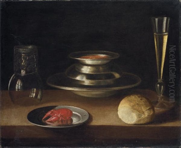 Bread, A Carafe Of Wine, An Upturned Roemer And A Crayfish On A Plate With A Bowl Of Soup And Glass Of Wine Oil Painting by Sebastian Stosskopf