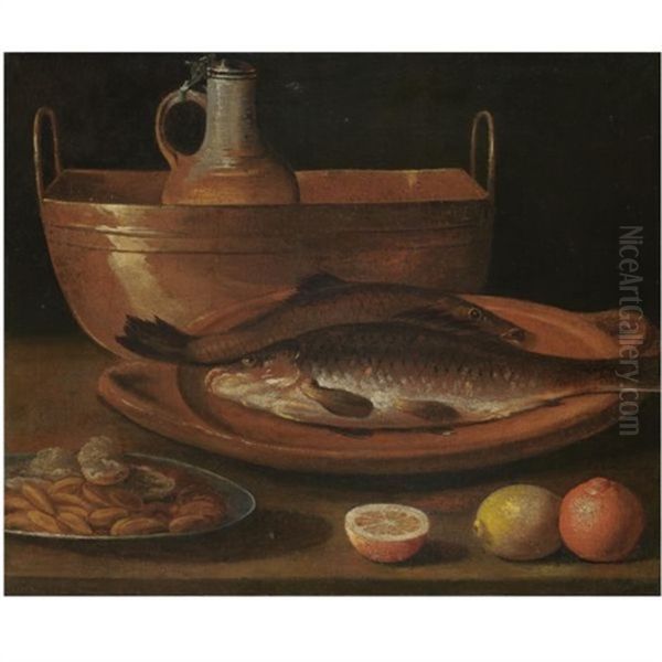 A Still Life With Carp On A Plate, A Pitcher In A Bucket, Almonds And Citrus Fruits On A Table Oil Painting by Sebastian Stosskopf