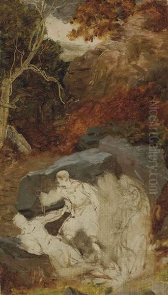 A Wooded Landscape With Figures Hiding By Rocks Oil Painting by Thomas Stothard