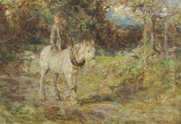 A Boy Riding A Pony On A Forest Track Oil Painting by Edward Stott