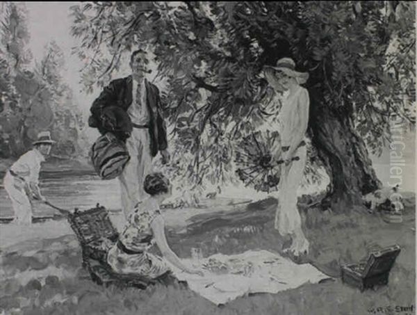 Summer North And South: A Picnic On The Riverbank Oil Painting by William R. Stott