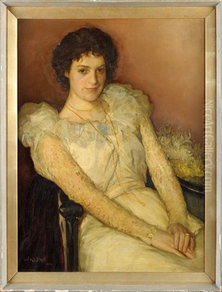 A Three-quarter Length Portrait Of A Young Woman Wearing A Lace-trimmed Evening Gown, Seated In A Chair Oil Painting by William Robertson Smith Stott