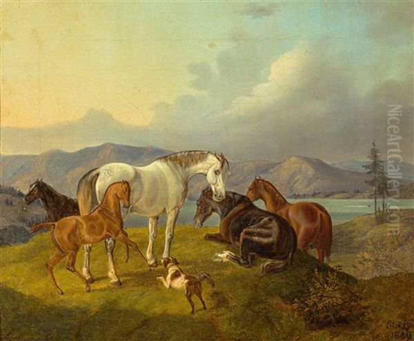 Pferde Auf Der Koppel Vor Seen-/hugellandschaft An Einem Sommertag Oil Painting by Otto Stotz