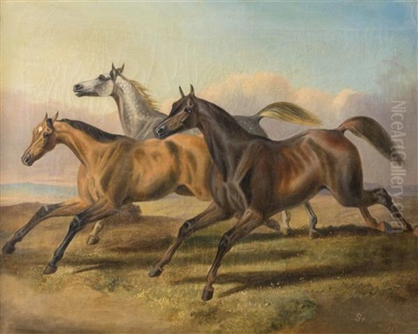 2 Bilder: A) Drei Ungesattelte Pferde Im Galopp In Sommerlicher Landschaft, B) Drei Stehende Ungesattelte Pferde In Landschaft Oil Painting by Otto Stotz