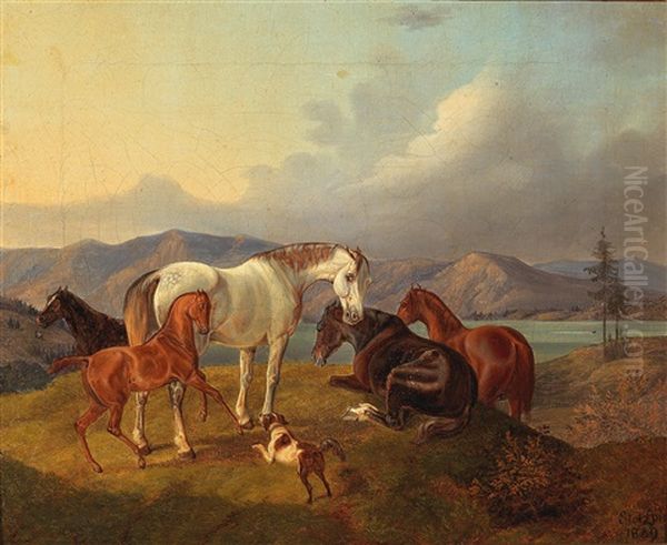 Horses In The Meadow By The Lakeside by Otto Stotz