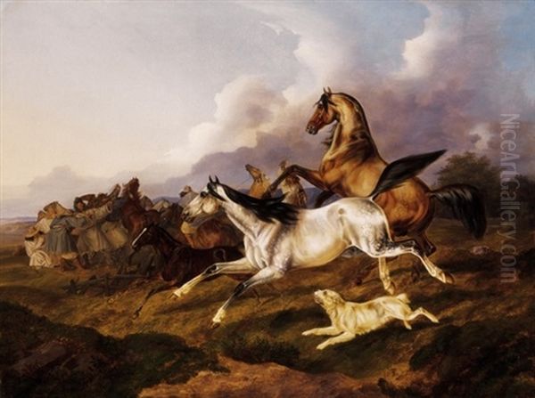 Vagtato Lovak (galloping Horses - House Of Prince Schonborn) Oil Painting by Otto Stotz