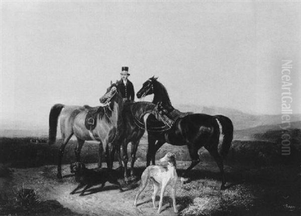 Bildnis Eines Reiters Mit Zwei Handpferden Und Jagdhunden Oil Painting by Otto Stotz