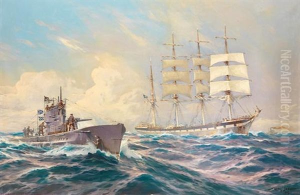 Ein Deutsches U-boot Fordert Eine Viermast-bark Zum Beidrehen Auf Oil Painting by Willy Stoewer