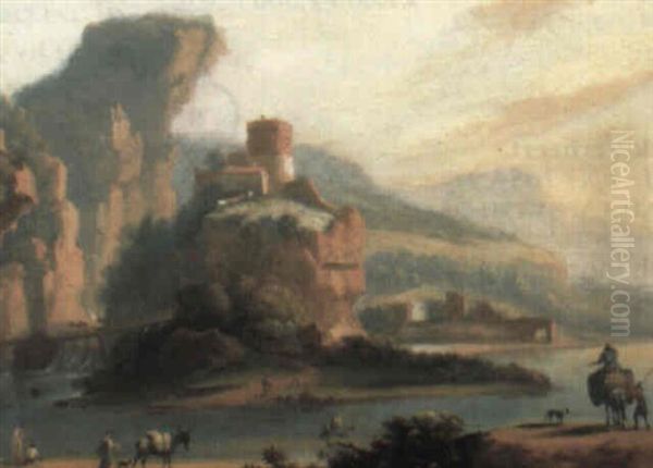 Mountainous Landscape With Castle Beside A Lake Oil Painting by Hendrick Van Der Straaten