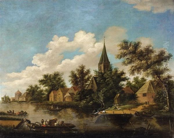 Dutch River Landscape With A Village And Figu Oil Painting by Lambert Hendriksz van der Straaten