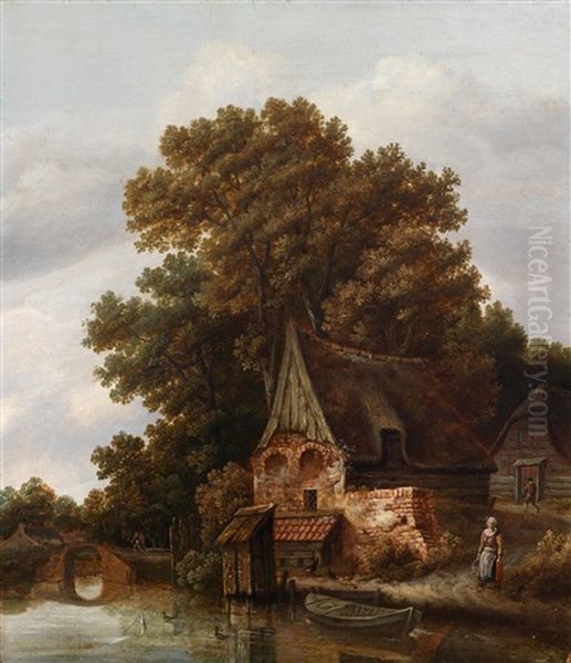 Eine Bewaldete Flusslandschaft Mit Einer Muhle Und Figurenstaffage Oil Painting by Lambert Hendriksz van der Straaten