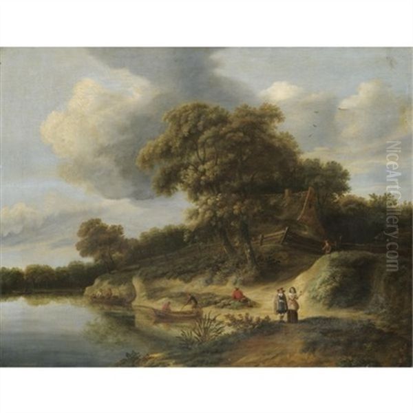 A River Landscape With Figures In Rowing Boats And An Elegant Couple On The River Bank Oil Painting by Lambert Hendriksz van der Straaten