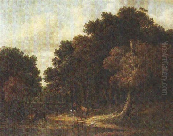 A Wooded Landscape With A Herdsman Watering His Cattle At A Pool Oil Painting by Lambert Hendriksz van der Straaten