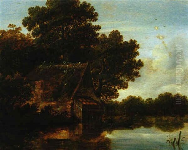 Hollandische Flusslandschaft Mit Einem Bauernhaus Und Einem Boot Oil Painting by Lambert Hendriksz van der Straaten