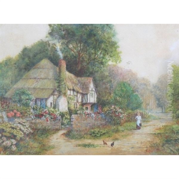 Figure And Chickens In Lane Outside A Thatched Country Cottage Oil Painting by Arthur Claude Strachan