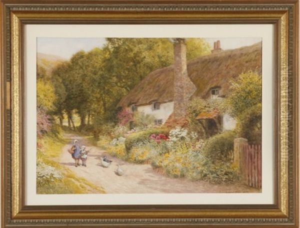 Cottage And Garden With Two Girls And Geese Oil Painting by Arthur Claude Strachan