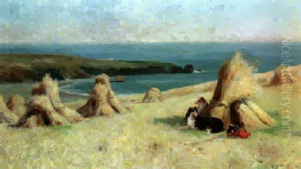 Coastal View At Harvest Time Oil Painting by Arthur Claude Strachan