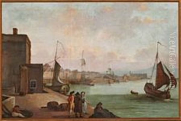 Harbour Scene With Elegant People On The Quay And The Ship Vortuna Oil Painting by Ludwig Philipp Strack