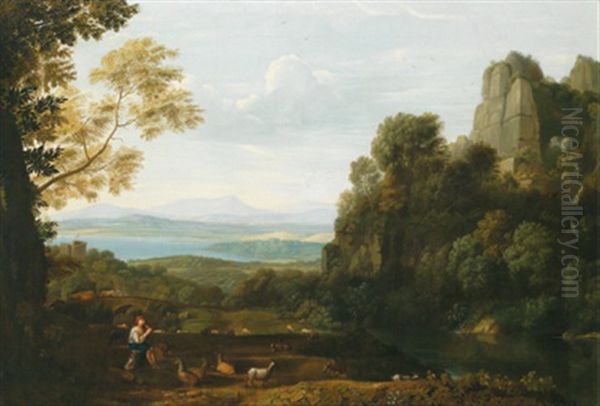 Ideale Landschaft Mit Apollo Und Merkur (after Claude Lorrain) Oil Painting by Ludwig Philipp Strack