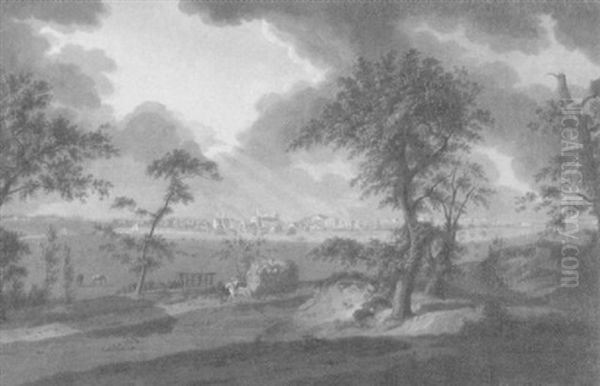 Niederdeutsche Landschaft (?) Mit Blick Auf Ein Kleines Stadtchen Mit Zwei Bockwindmuhlen Oil Painting by Ludwig Philipp Strack