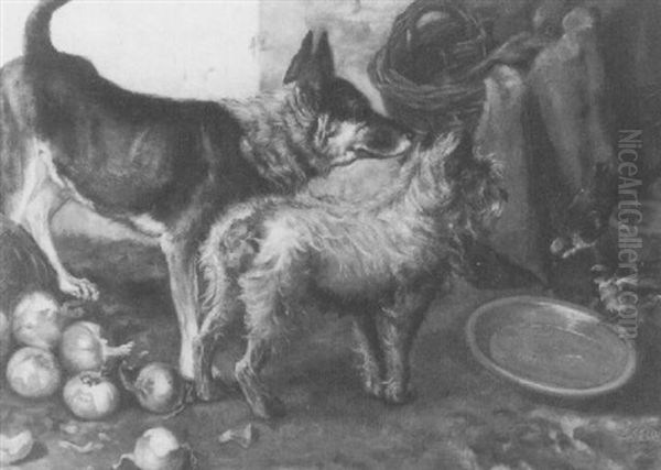 Twee Honden Bij Hun Drinkbakje Oil Painting by Lodovicus Ignatius (Louis) Stracke