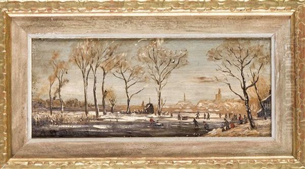 Winterlandschaft Mit Schlittschuhlaufern Oil Painting by Adolf Strademan