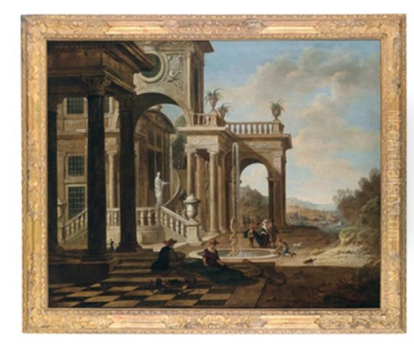 Eine Vornehme Gesellschaft Vor Einem Palast (+ Eine Elegante Gesellschaft Vor Der Loggia Eines Palastes; 2 Works) Oil Painting by Jan Baptist Van Der Straeten