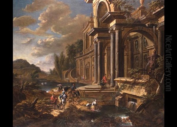 Renaissancepalast An Einem Fluss Mit Zahlreicher Figurenstaffage Oil Painting by Jan Baptist Van Der Straeten