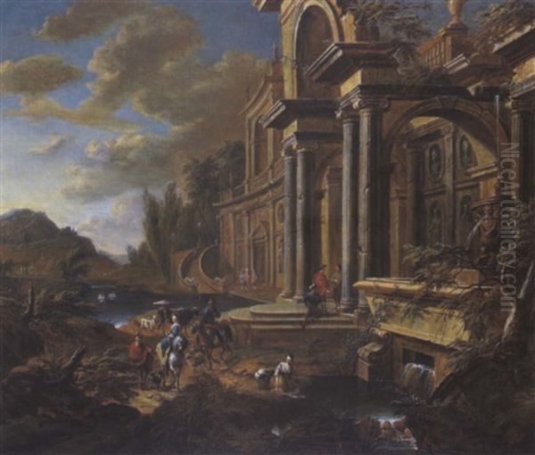 Renaissancepalast An Einem Fluss Mit Eleganten Figuren, Reitern Und Einem Hirten Mit Herde Oil Painting by Jan Baptist Van Der Straeten