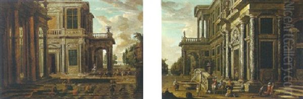 An Architectural Capriccio With Elegant Figures Making Music On The Terrace Of A Villa Oil Painting by Jan Baptist Van Der Straeten