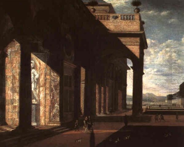 Die Saulenhalle Eines Barocken Palastes Mit Figuren Oil Painting by Jan Baptist Van Der Straeten