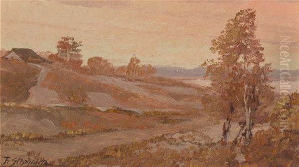 Lake At Sunset And Homestead At Dawn (two Works) Oil Painting by Franz Strahalm