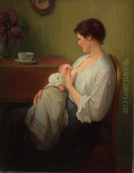 Mother Breastfeeding Oil Painting by Josef Straka