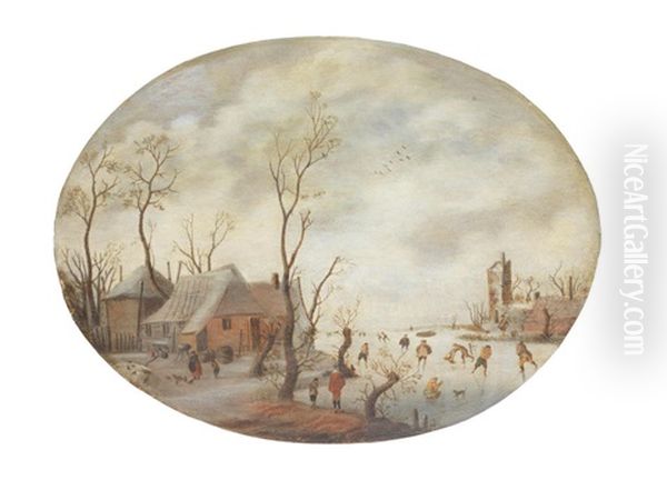 A Winter Landscape With Figures Ice Skating And Playing Kolf Oil Painting by Anthonie van Stralen