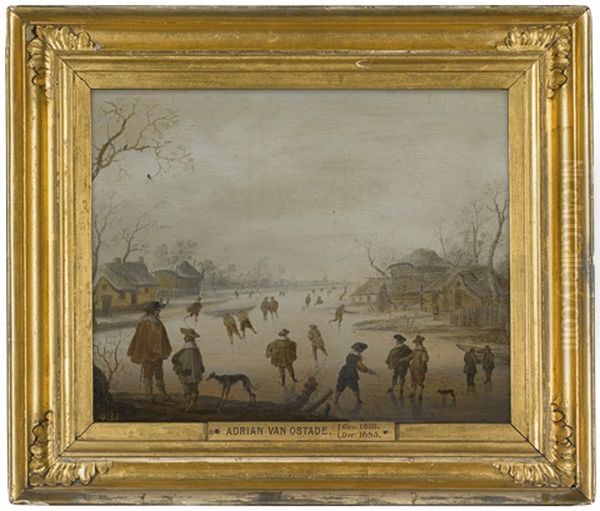 A Winter Scene With Figures Skating On A Frozen River Oil Painting by Anthonie van Stralen