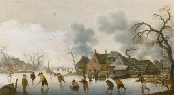 Winter Scene With Skaters And Kolfers On The Ice Oil Painting by Anthonie van Stralen