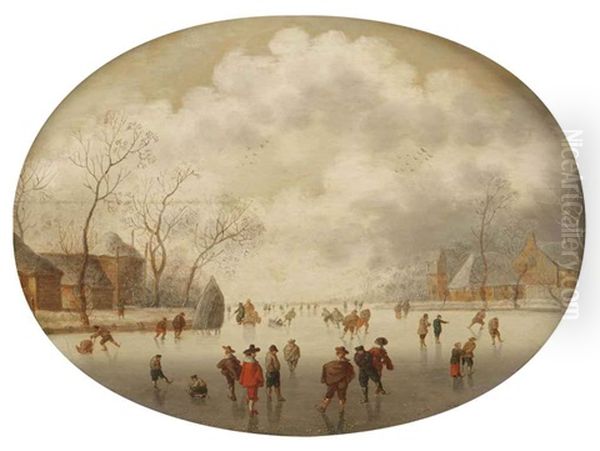 A Winterlandscape With Figures Skating And Sleighing On A Frozen River Near A Village Oil Painting by Anthonie van Stralen