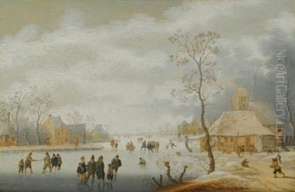 A Winter Landscape With Figures Skating On A Frozen River Beside A Village Oil Painting by Anthonie van Stralen