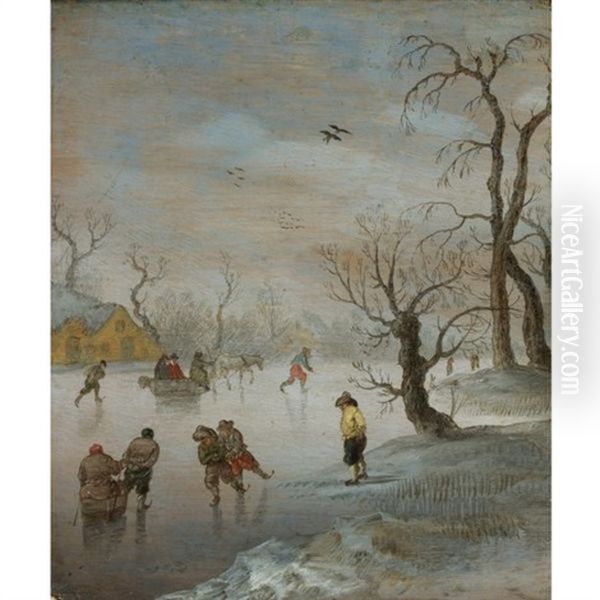 Skaters And A Horse-drawn Sledge On A Frozen Waterway Oil Painting by Anthonie van Stralen