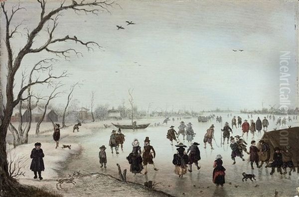 A Winter Landscape With Figures Skating And Making Merry On A Frozen River Oil Painting by Anthonie van Stralen