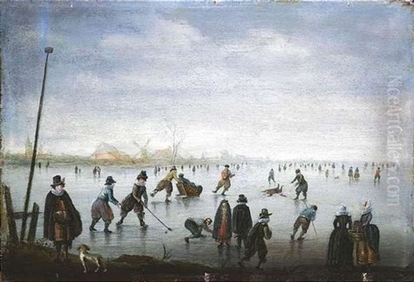 Eisvergnugen. Schlittschuhlaufer Auf Einem Zugefrorenen Flus Oil Painting by Anthonie van Stralen