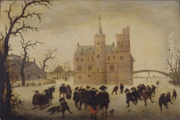 A Winter Landscape With Figures Skating Before A Manor Oil Painting by Anthonie van Stralen