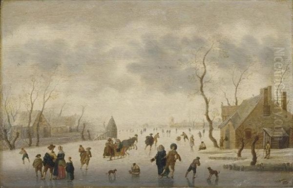 A Winter Landscape With Elegant Figures Skating And A Couple In A Horse-drawn Sleigh On The Ice Oil Painting by Anthonie van Stralen