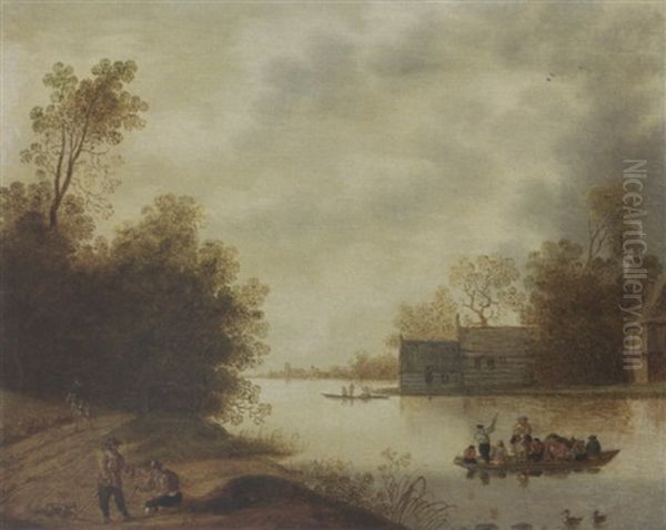 A River Landscape With A Ferry And Figures Resting In The Foreground, Farms Beyond Oil Painting by Anthonie van Stralen