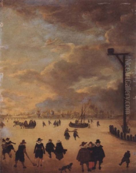 A Winter Landscape With Elegant Figures Skating And Playing Kolf On A Frozen River Oil Painting by Anthonie van Stralen